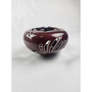 Signed Studio Pottery Reticulated Candle Holder Oxblood Red Glaze 6x3 Tea Light